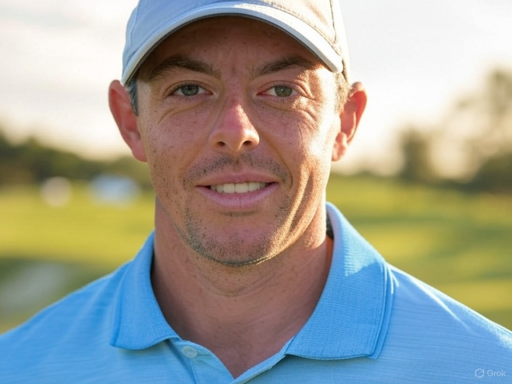 rory mcilroy golf image grok3 wearing golf hat and blue golf shirt