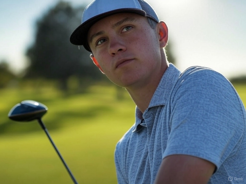 Maverick McNealy professional golfer on pga holding golf club via Grok 3