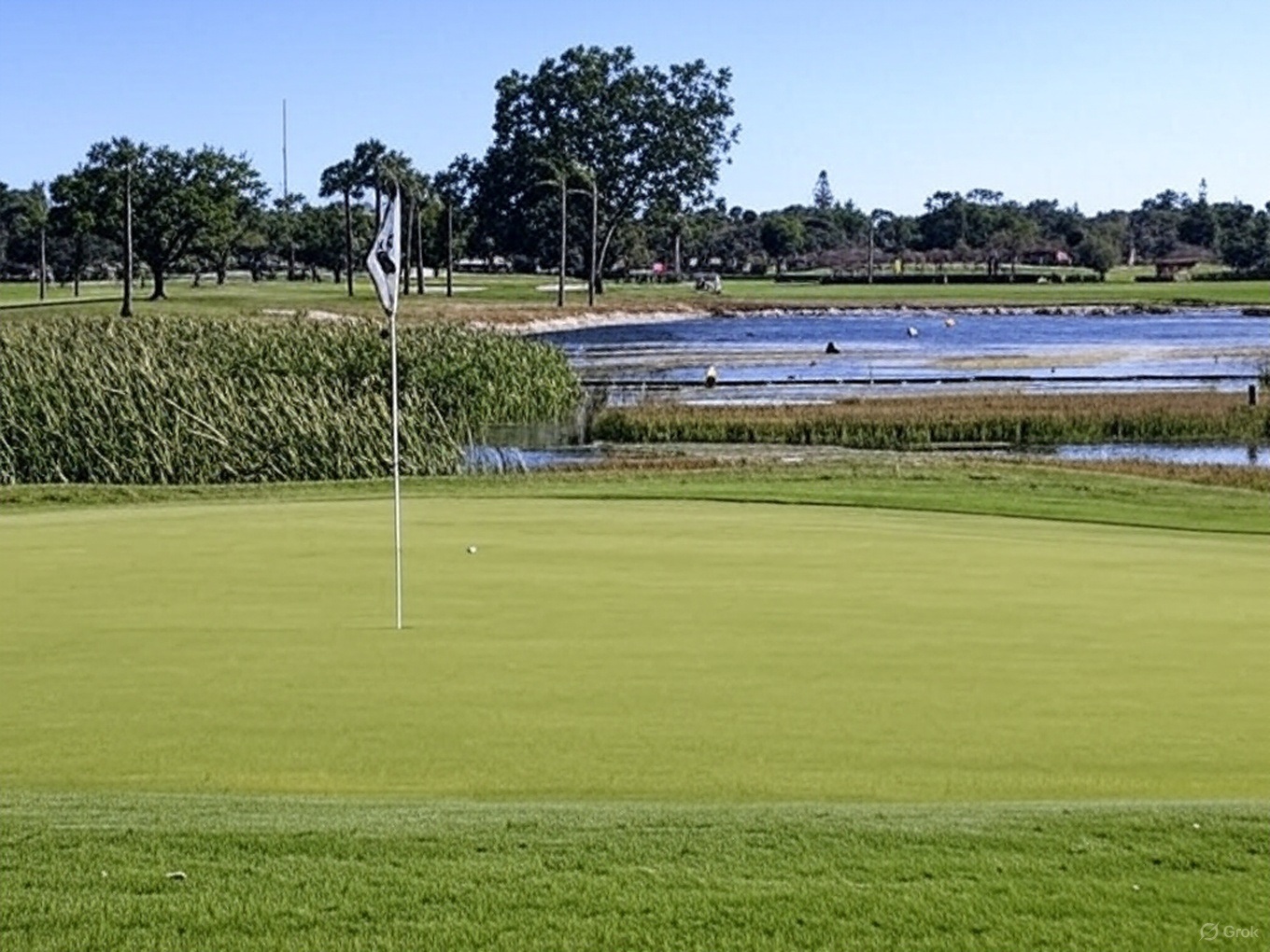San Carlos Golf Club<br />
putting green with golf flag and water view via Grok 3