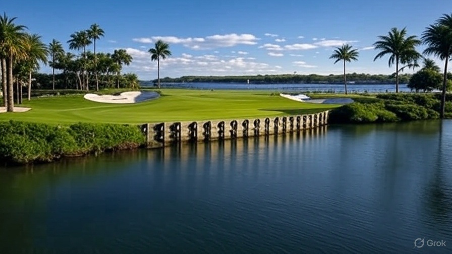 Jack Nicklaus golf course in South Florida.  Green surrounded by water.