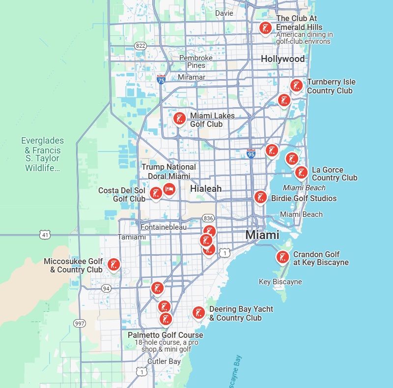 miami-florida-golf-courses-map Map of golf courses in and near Miami, Florida via Googles