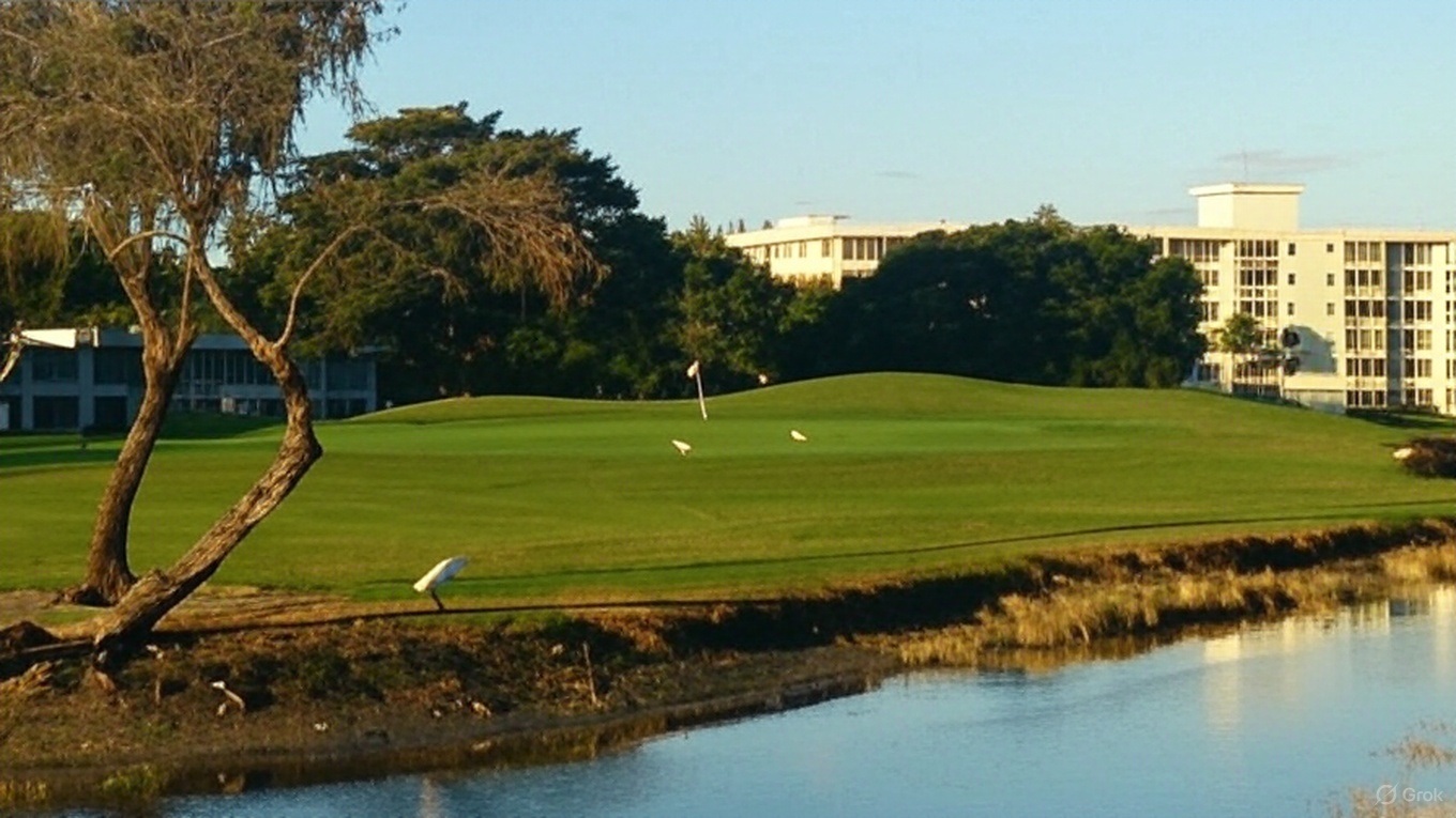 Palm Aire Country Club in Pompano Beach, Florida green and flagstick surrounded by water