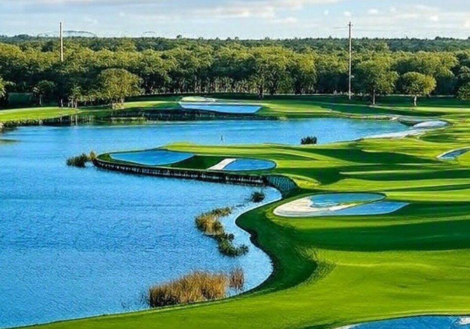 Bonita Bay Club Naples waterview with green and bunkers via Grok