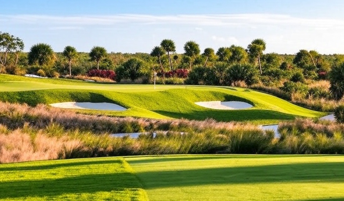 Hammock Bay Golf Course in Naples Florida green with bunkers in front via Grok