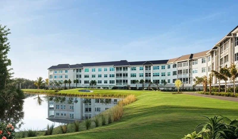 Bentley Village Golf Club in Naples Florida fairway view with buildings via Grok
