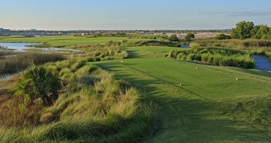 Fiddler's Creek in Naples FL 18th tee box with water view via Grok