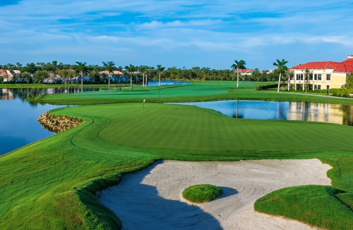 Naples Lakes Country Club in Florida lake bunker green view via Grok
