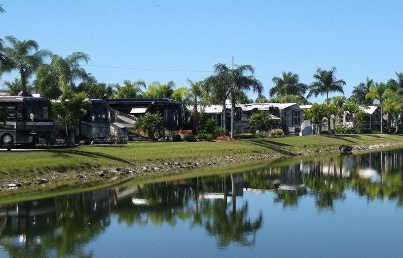 Silver Lakes RV Resort & Golf Club in Naples FL RV campers behind water view via Grok
