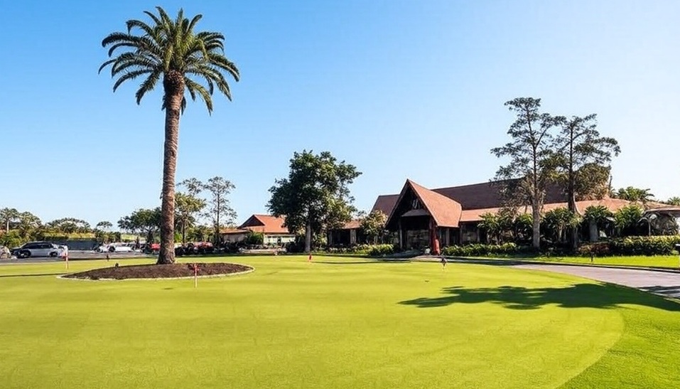 The Glades Golf & Country Club in Naples FL clubhouse view with putting green via Grok