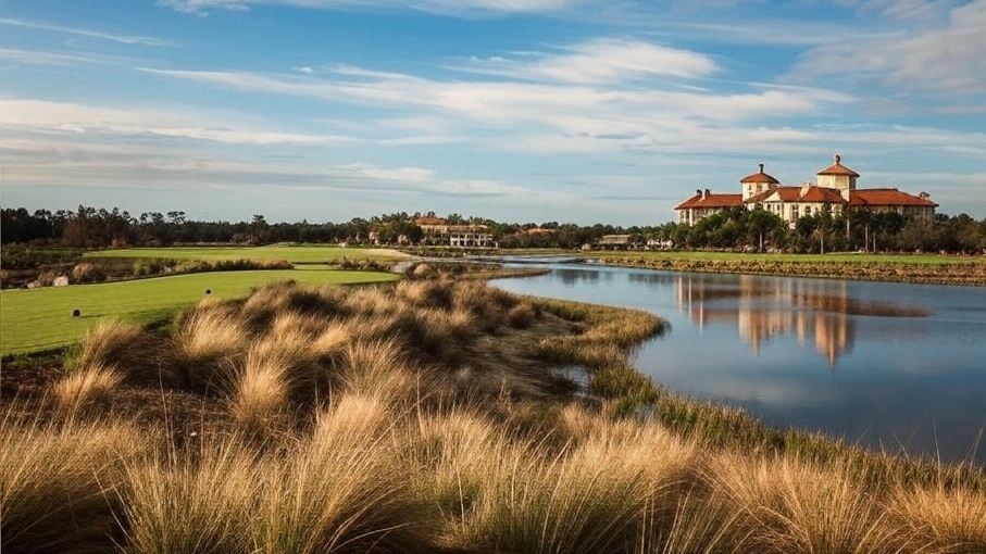 Tiburón Golf Club in Naples Florida fairway view with green in background and water via Grok