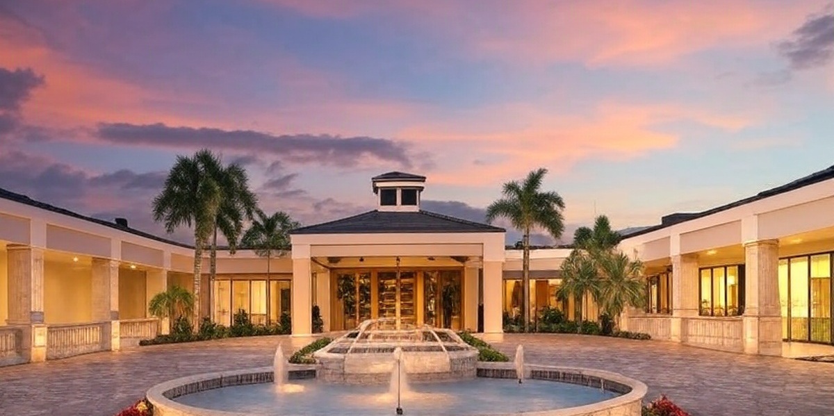 Vineyards Country Club
in Naples FL view of clubhouse at dusk via Grok