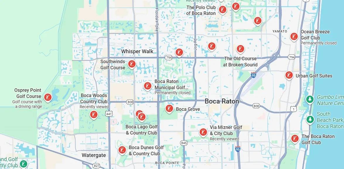 Map of Golf Courses in Boca Raton Florida via Google