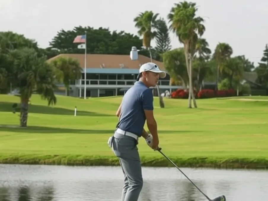 Heritage Ridge Golf Club
in Hobe Sound Florida view of clubhouse with golfer in foreground