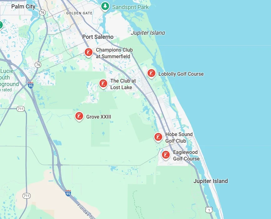 Map of golf courses in Hobe Sound Florida via Google