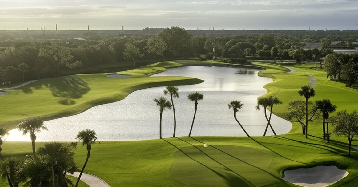 Jonathan's Landing Golf Club in Jupiter Florida arial view of fairway with water and bunker hazards via Grok