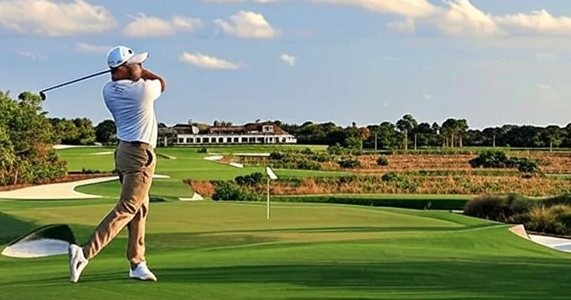 Medalist Golf Club in Hobe Sound Florida view of fairway with golfer and clubhouse via Grok