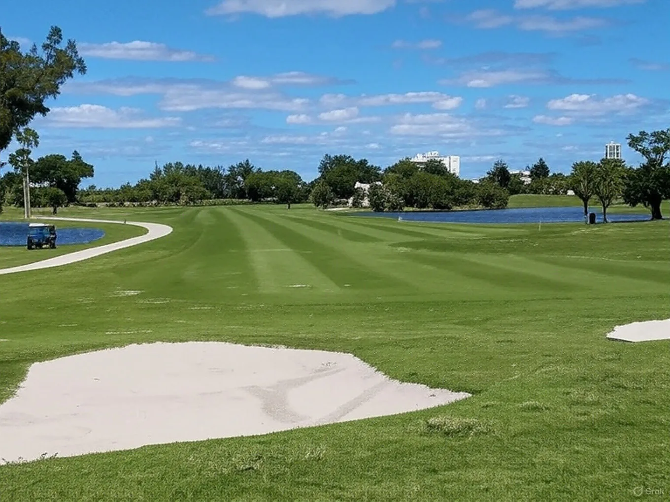 Normandy Shores Golf Club in Miami Florida view of fairway with sand trap and trees on left