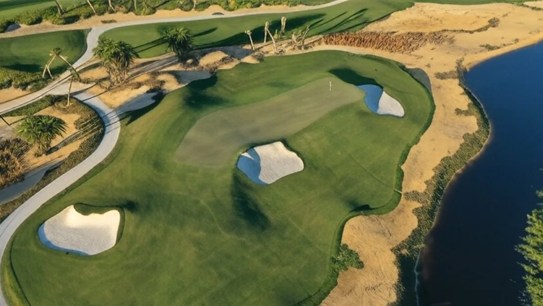 The Apogee Club in Hobe Sound Florida arial view of green surrounded by sand bunkers and water via Grok