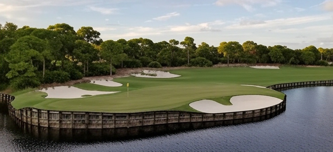 The Bear's Club in Jupiter Florida view of green with bunkers and water via Grok