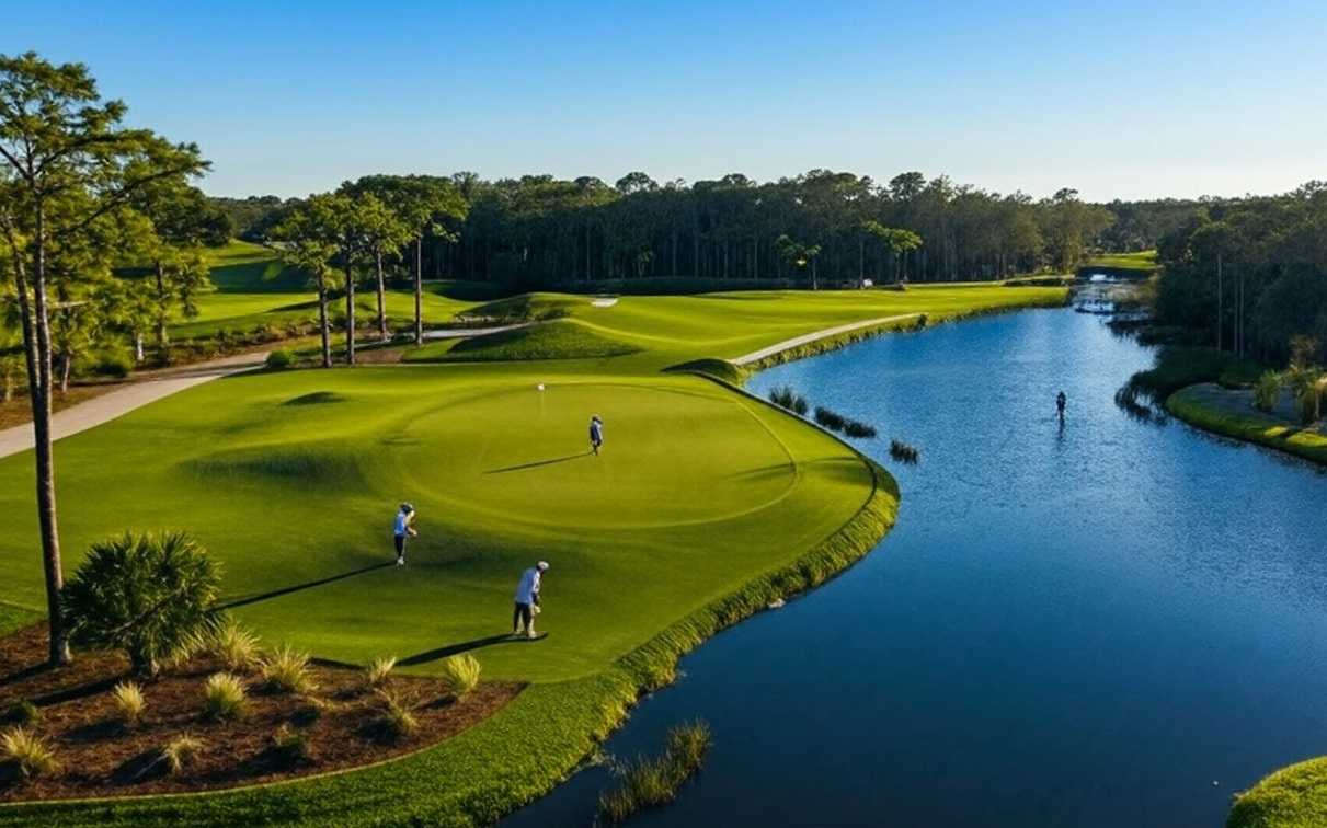 The Dye Preserve Golf Club in Jupiter Florida view of golfers on green with water on right