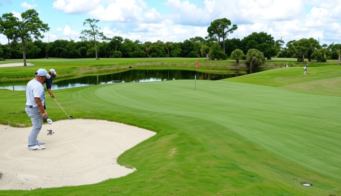 The Golf Club of Jupiter in Florida view of green with golfers hitting out of sand trap