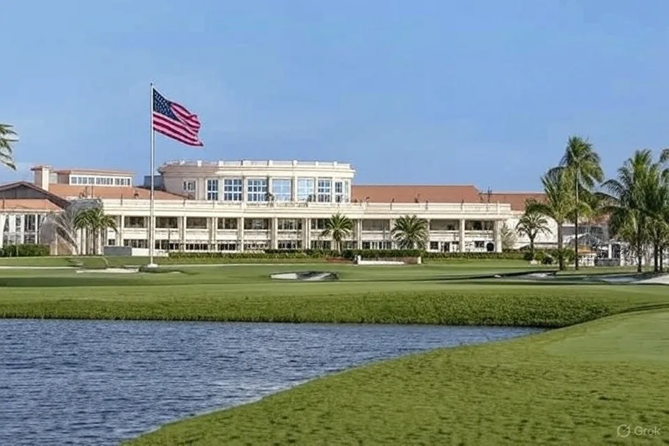 Trump National Doral Miami clubhouse with US flag via Grok