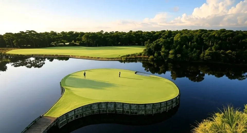 Trump National Golf Club in Jupiter FL view of island green surrounded by water