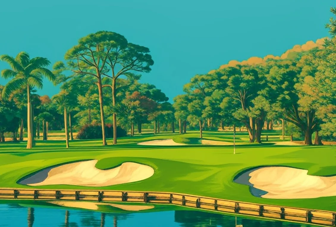 Turtle Creek Club in Tequesta Florida image of green with bunkers and water in front via Grok