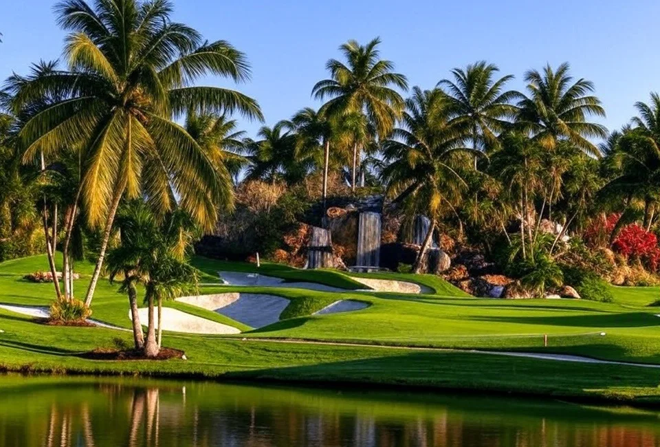 Boca West Country Club in Boca Raton Florida view of green with water in front via Grok