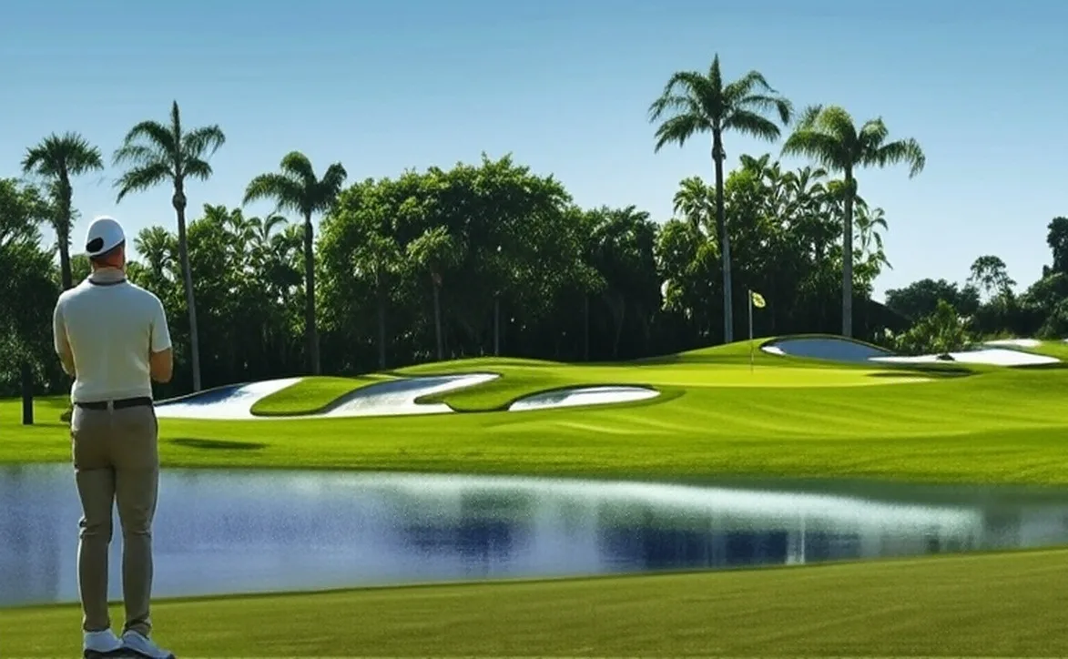 Boca Woods Country Club in Boca Raton Florida view of green with golfer in foreground via Grok
