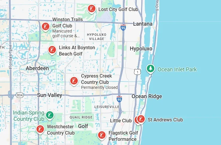 Map of golf courses in Boynton Beach Florida via Google