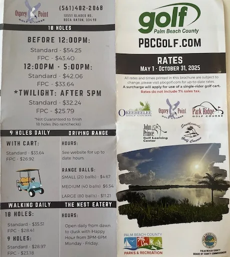 Osprey Point Golf Course Brochure showing greens fees and cart fees via SoFloGolf