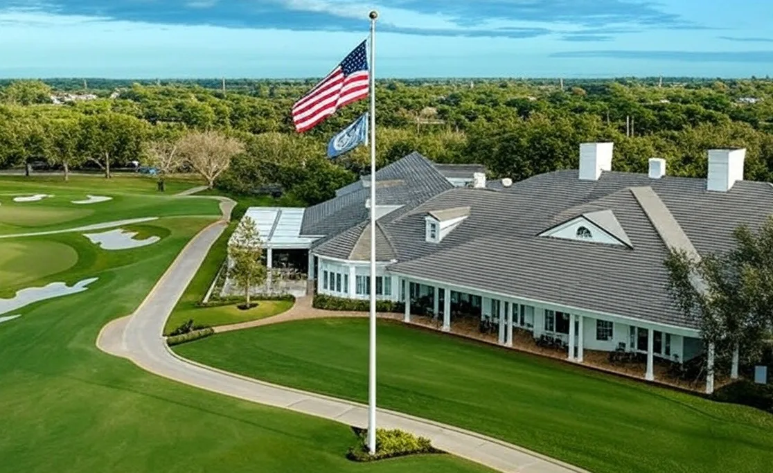 Country Club of Florida in Boynton Beach view of clubhouse with U.S. flag in foreground via Grok