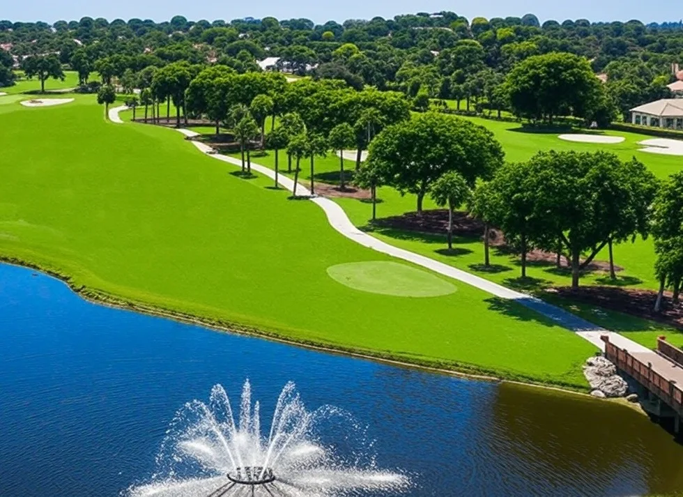 Delaire Country Club in Delray Beach Florida arial view of fairway and fountain via Grok