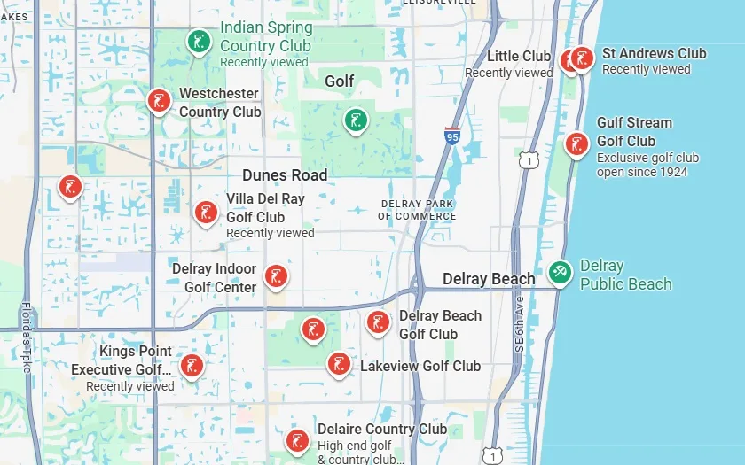 Delray Beach Florida map of golf courses via Google