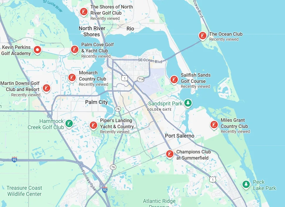 Map of golf courses in Stuart Florida via Google