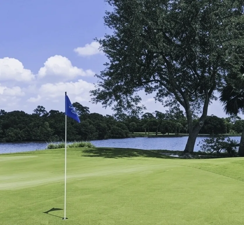 The Florida Club in Stuart Florida view of golf course green with flagstick via Grok
