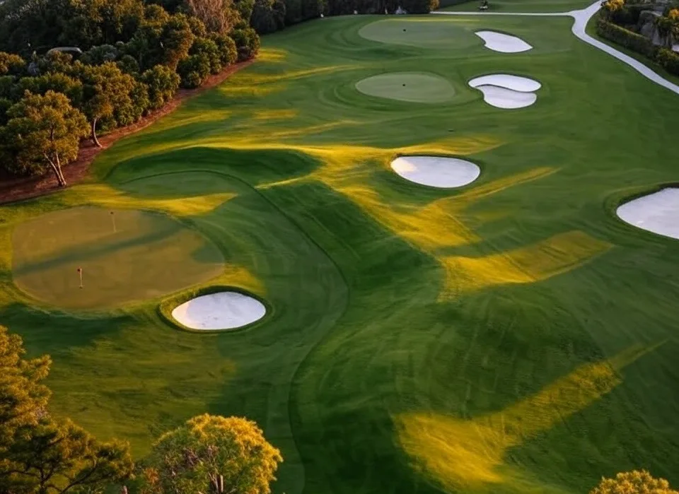 The Seagate Golf Club in Delray Beach Florida arial view of fairway with bunkers via Grok