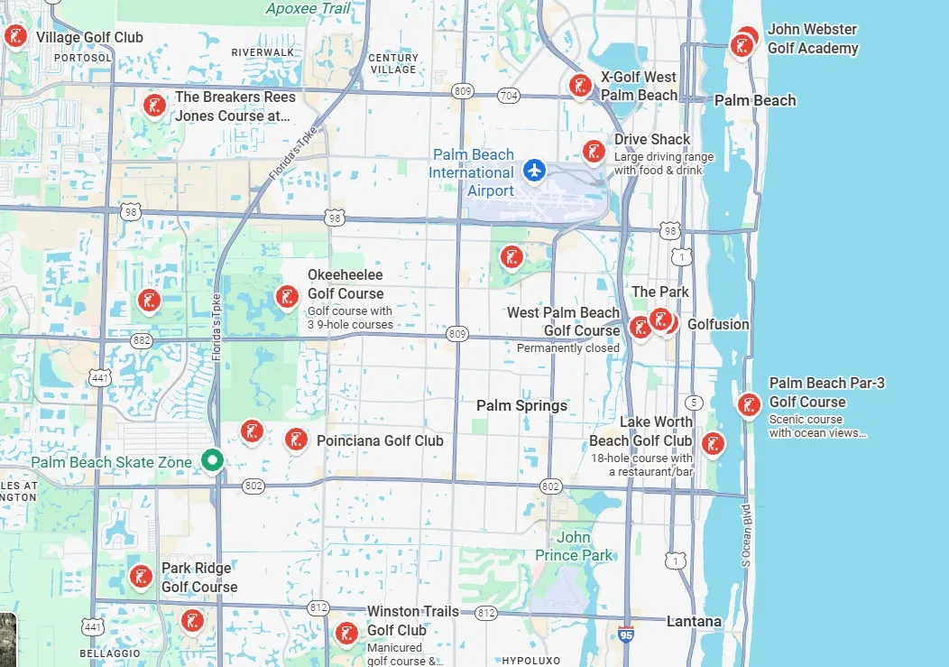 Map of golf courses in West Palm Beach Florida via Google