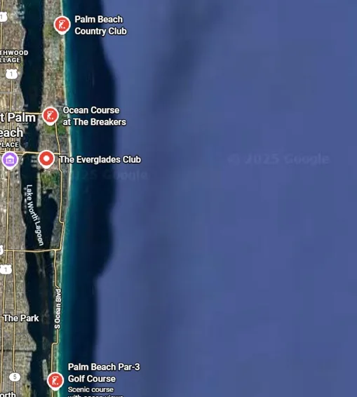 Palm Beach Florida golf courses map via Google